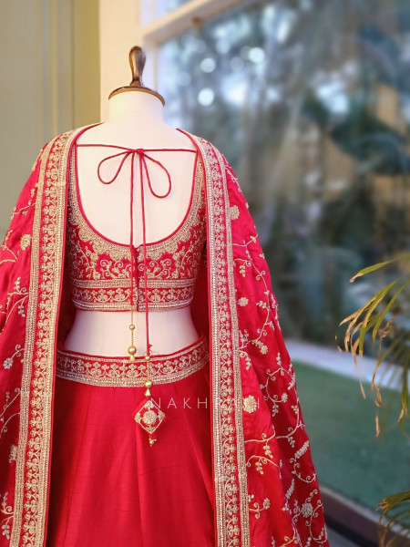 Kritisha Crimson Red Raw Silk, Silk Organza & Tulle Net Bridal Lehenga Set