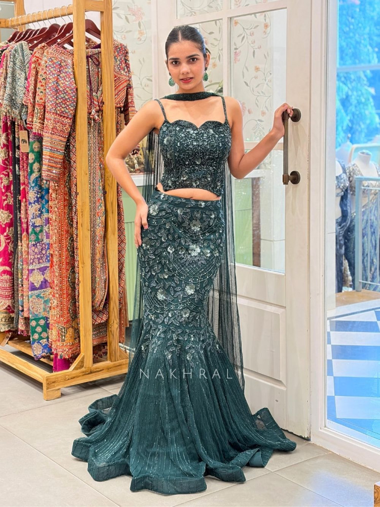 Image of Elara Green Sequin Indo-Western Lehenga Set