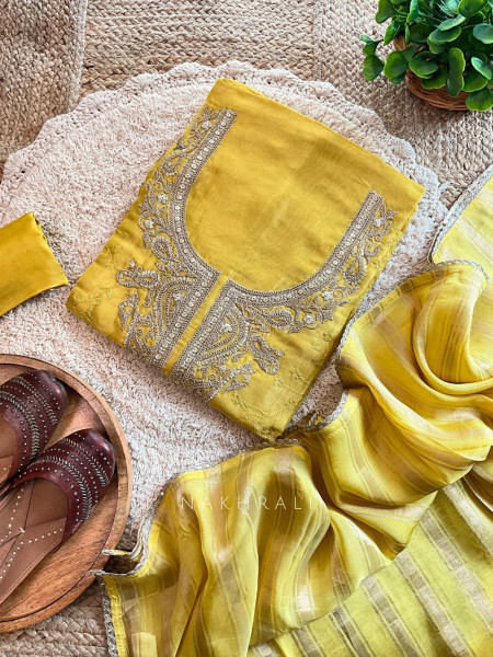 Zafira Yellow Silk Dress Material with Zari Embroidery