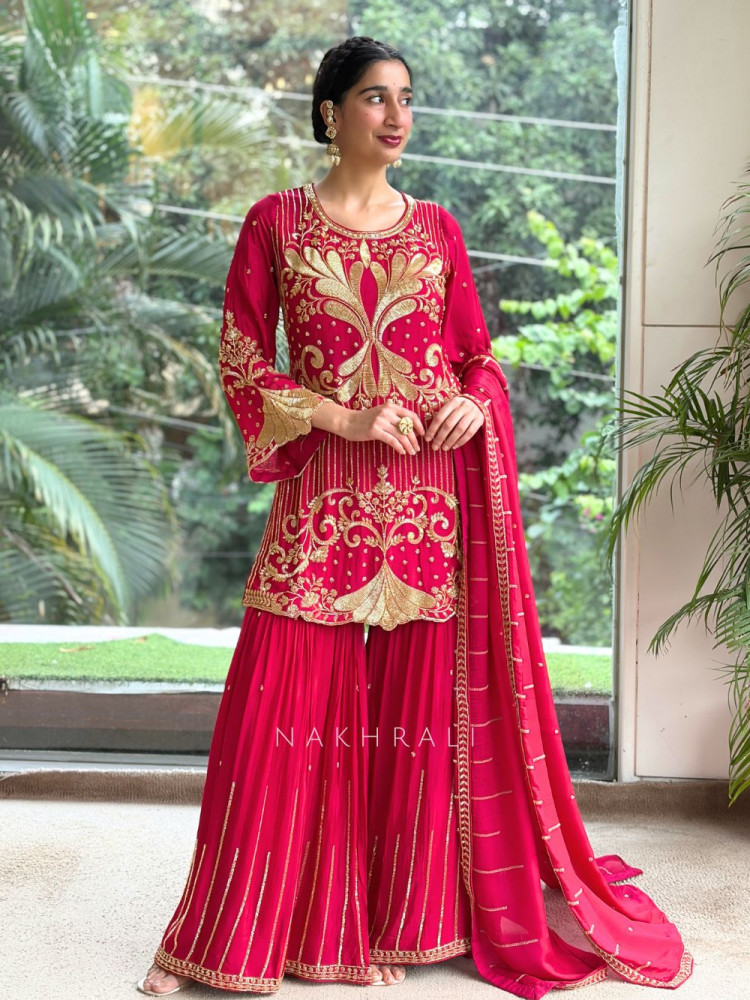 Image of Begum’s Grace Magenta Georgette Sharara Suit Set