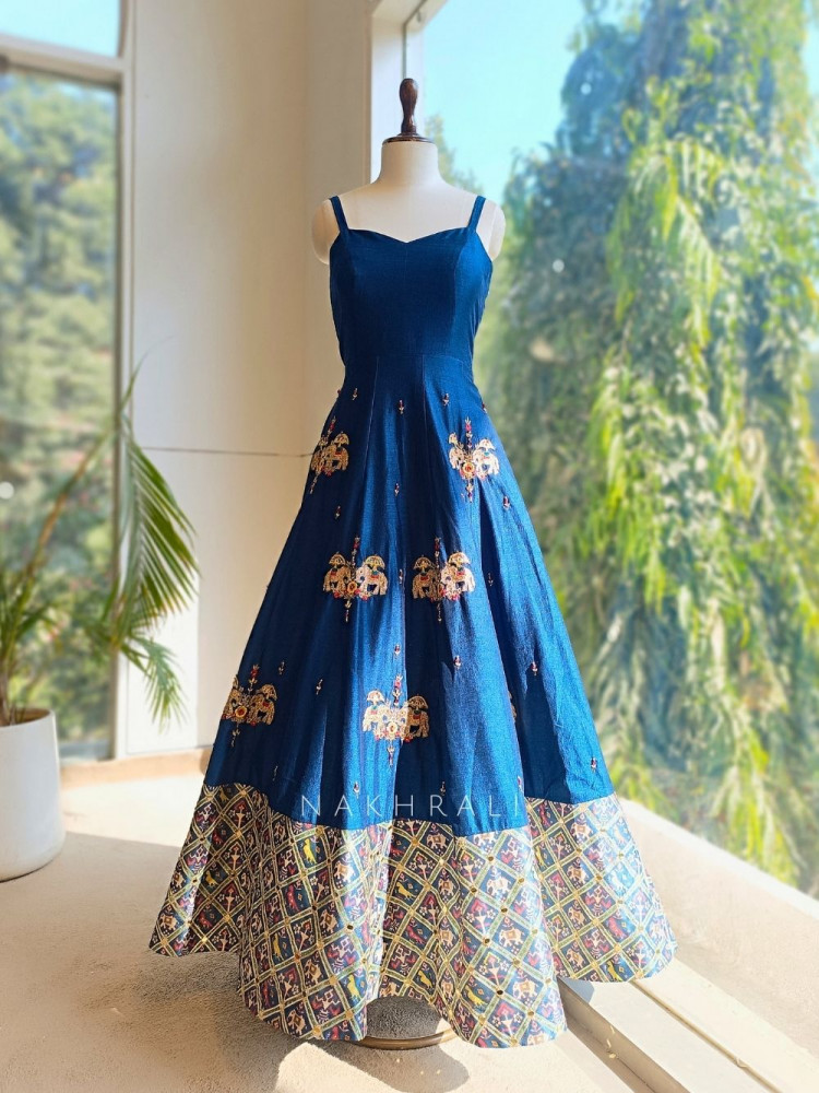 Image of Neelva Blue Anarkali Dress with Printed Jacket