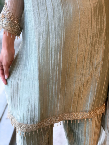 Kashini Sea Green Crinkle Tissue Silk Suit Set