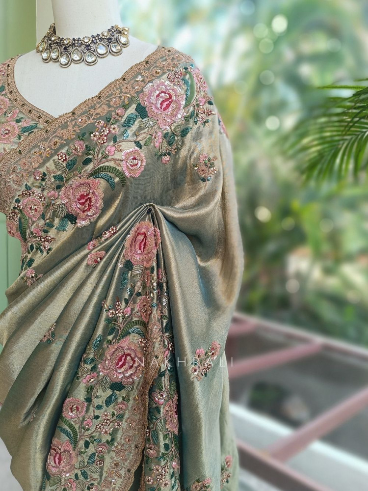 Image of Siya Pista Green Floral Embroidered Saree with Readymade Blouse