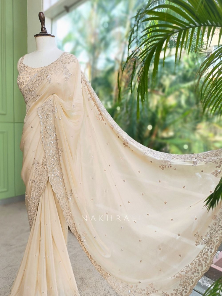 Image of Mira Blossom Cream Saree With Sequin Embroidery