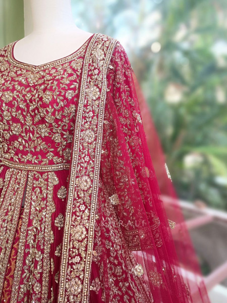 Malhaar Elegance Red Achkan Pattern Lehenga with Zari Sequin Work