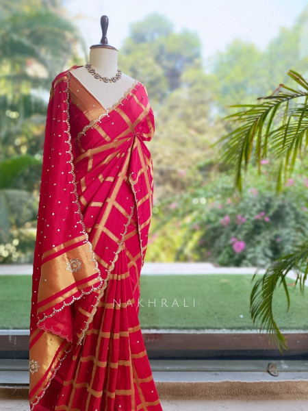 Asmi Red Chinon Silk Zari Check Saree