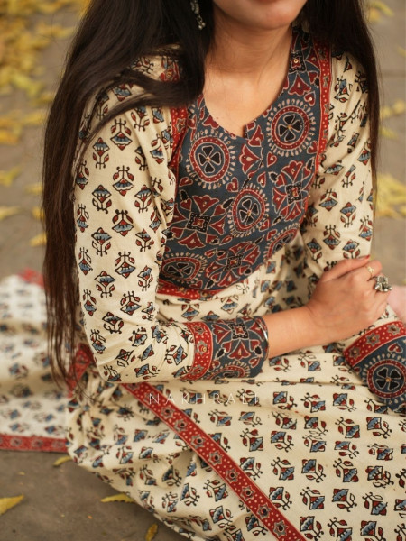 Yasmin Beige Cotton Kurta with Sequin Patch Work