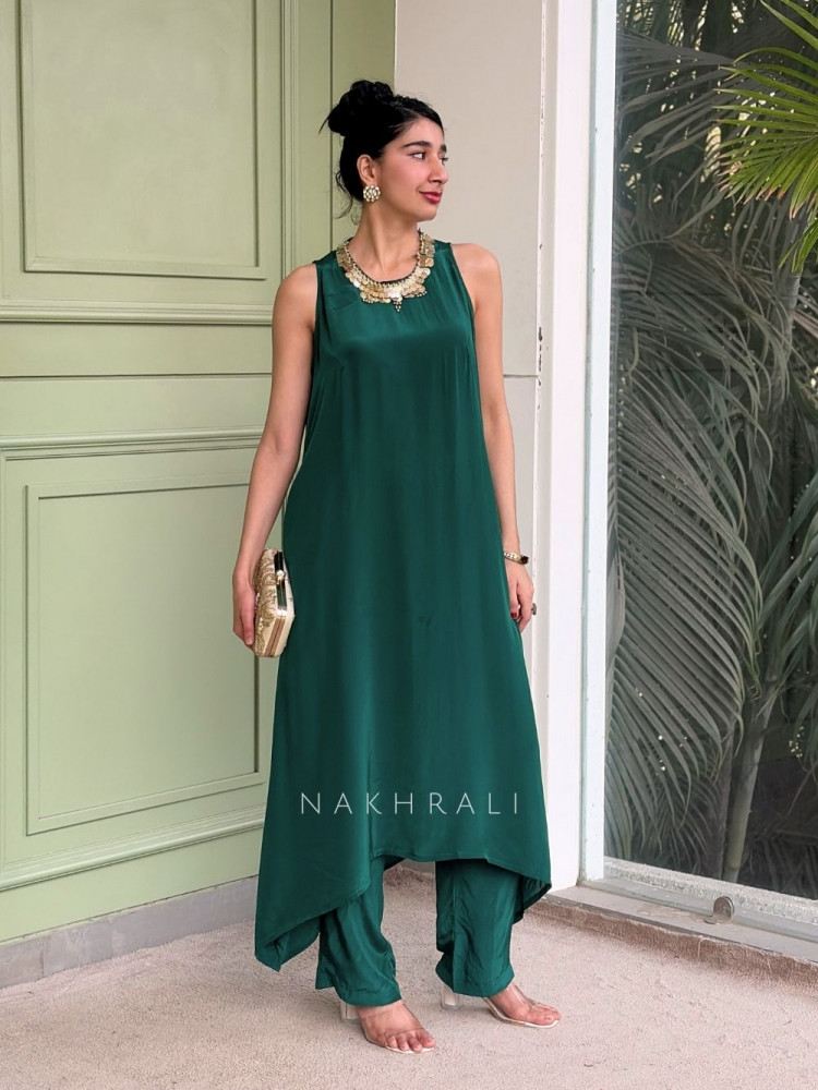 Image of Nivara Green Satin Crepe Pant Kurta Set with Coin Neckline Work