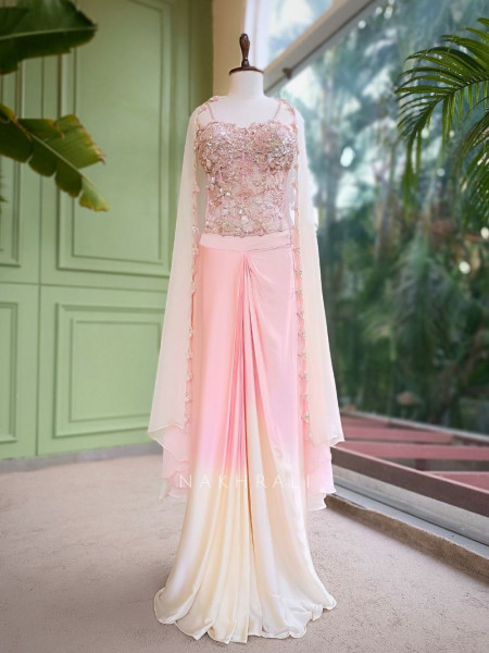 Solstice Dual Shade Pink Crop Top Drape Skirt Set with Cape