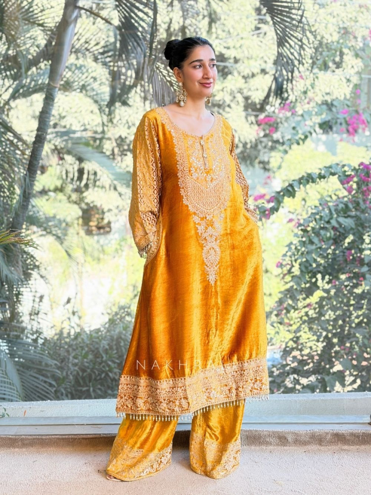 Image of Amber Yellow Velvet Suit Set with Sequin Embellishments