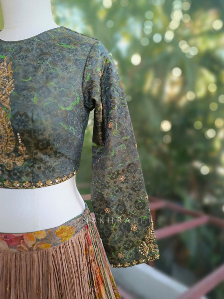 Olive Garden Printed Lehenga with Embroidered Blouse and Sequin Detailing