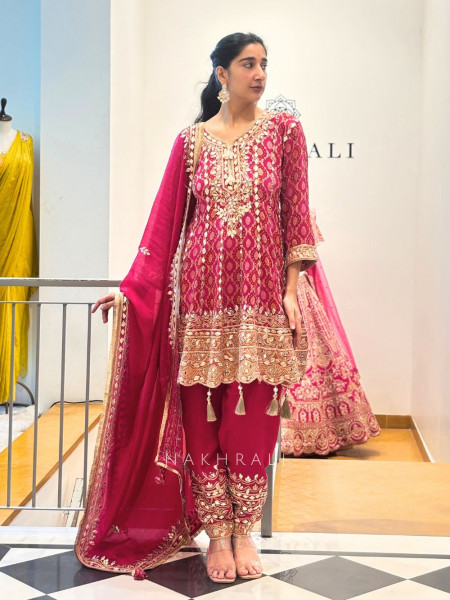 Aarvi Magenta Suit Set with Mirror and Gota Patti Work