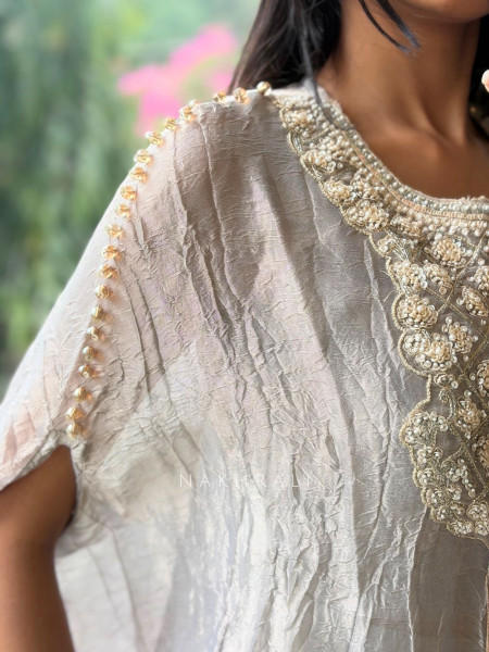 Nysa Grey Kaftan Set – Pearl & Sequin Yoke