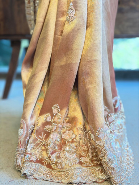 Radiant Caramel Gold Saree with Zardozi Work