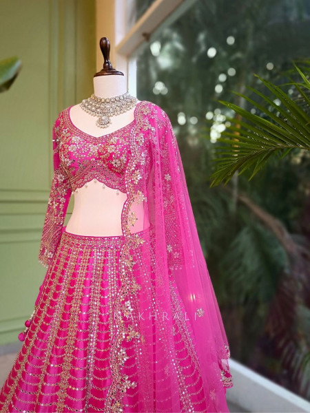 Ravya Pink Mirror and Beads Work Lehenga Set