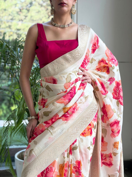 Rose-Vance Cream Georgette & Banarasi Silk Saree