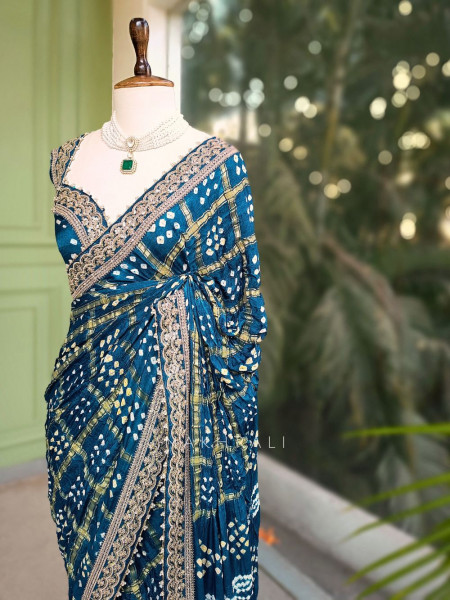 Noor-E-Riwaayat Blue Bandhani Saree with Zari Border