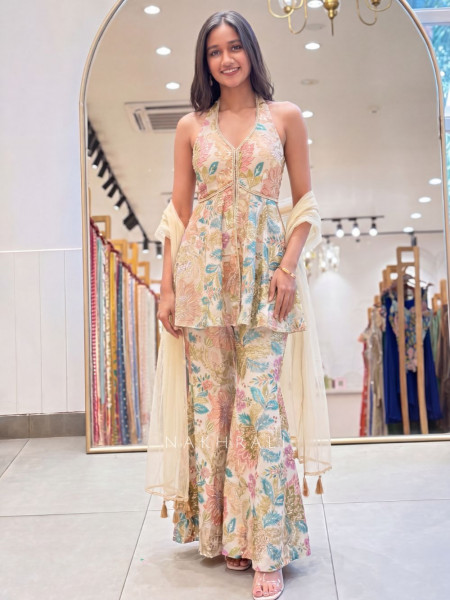 Gul-o-Glow  Beige Halter Neck Floral Sharara Suit