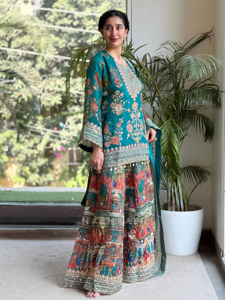 Shahi Gini Teal Green Sharara Suit Set with Pichwai Print