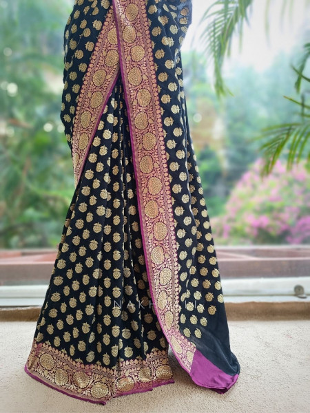 Obsidian Rose Black Banarasi Silk Blend Saree
