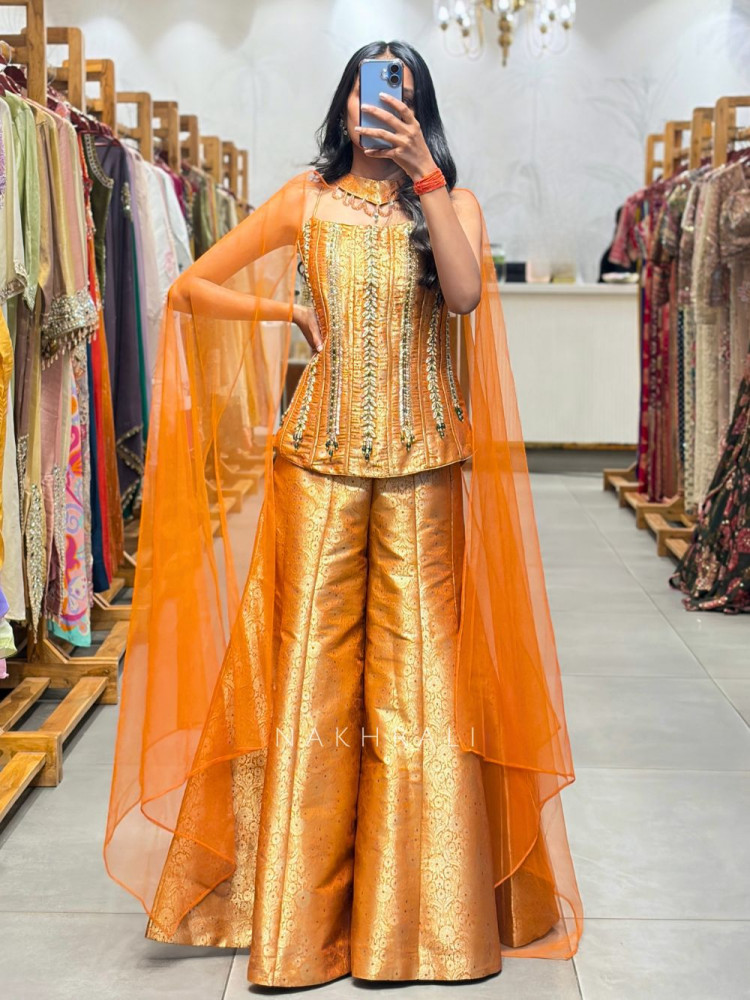 Image of Zarelle Brick Brocade Indo-Western Corset Set with Cape Dupatta