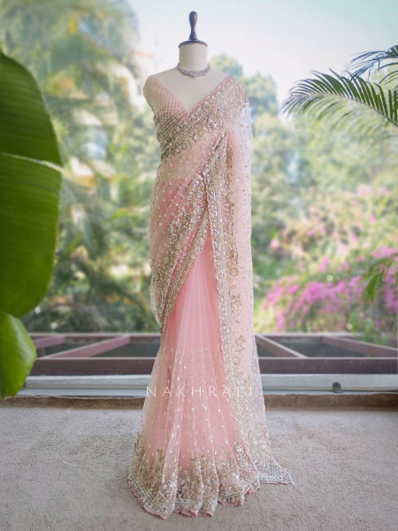 Starlit Pink Net Saree with Cut Dana Bead and Sequin Work