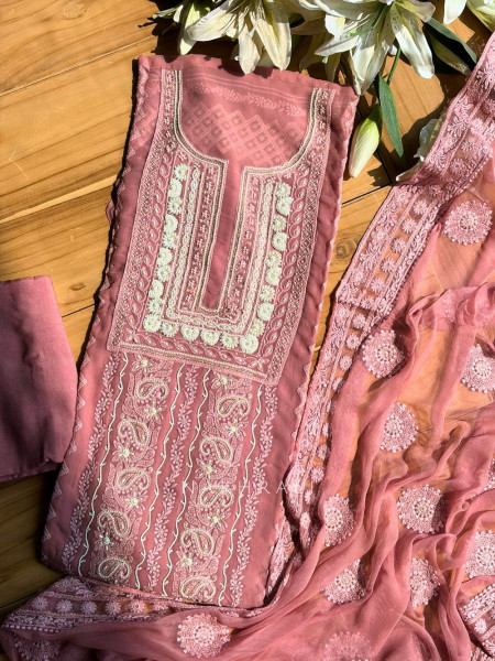 Avarna Peach Pearl Beads Embroidered Dress Material