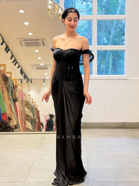 Nishira Black Mesh & Satin Indo-Western Crop Top Skirt Set