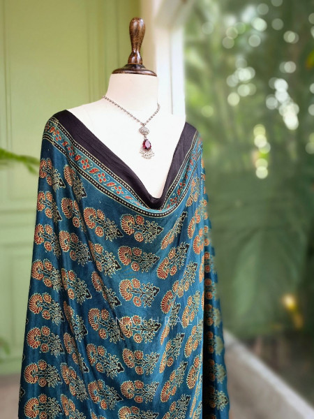 Iraaya Green Modal Silk Dupatta with Ajrakh Print and Zari Accents