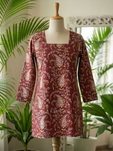 Natkhat Red Printed Cotton Short Kurti