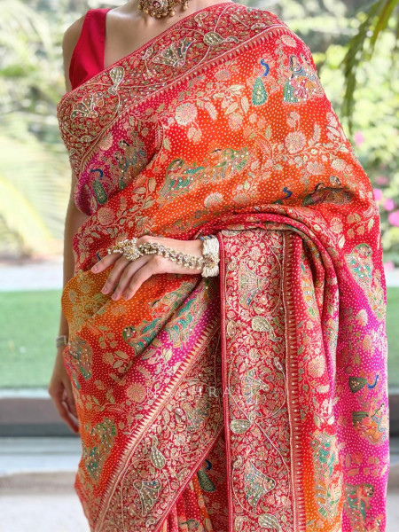 Rangraas Orange Pure Gajji Silk Saree with Running Blouse Piece