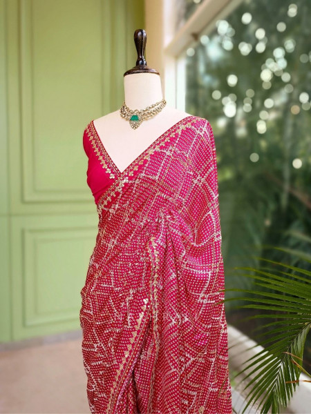 Aarvika Red Bandhani Saree with Gota and Zari Border