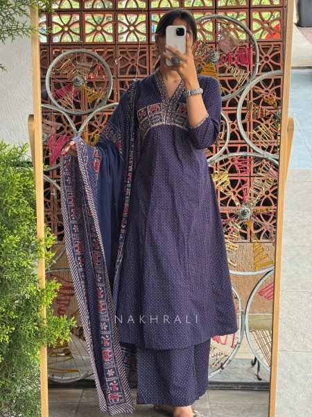 Noor Bel Navy Blue Printed Kurta Pant Dupatta Set