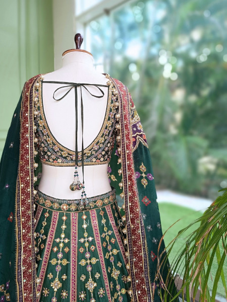 Mrinalika Green Gaji Silk Lehenga Set With Zardozi Resham & Jharokha Work