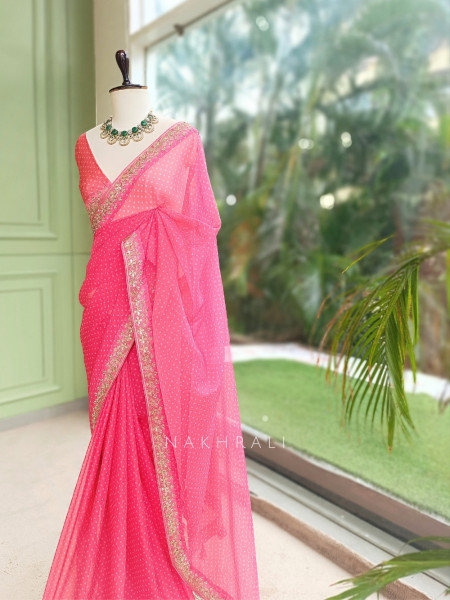 Gulika Rani Pink Viscose Organza Bandhani Saree