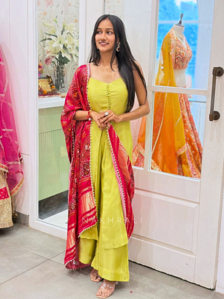 Kavira Yellow Suit Set with Zari Bandhej Dupatta