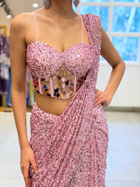 Mirror-Encrusted Pink Cocktail Drape Saree