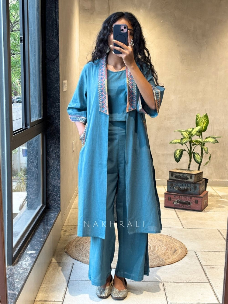 Image of Brivon Blue Co-ord Set with Embroidered Jacket Detailing