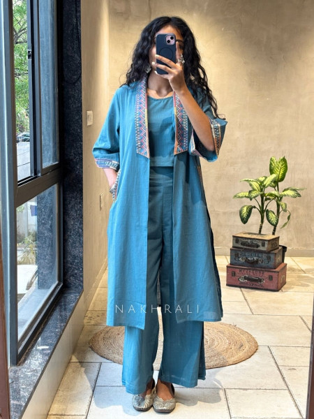 Brivon Blue Co-ord Set with Embroidered Jacket Detailing