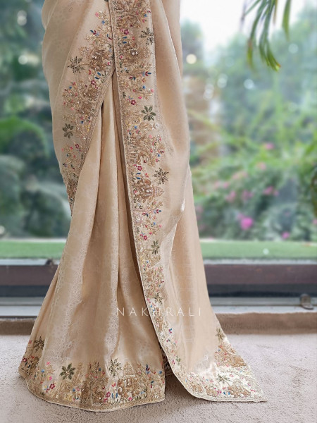 Varnikaa Cream Tissue Saree with Multicolor Resham & Zardozi Embroidery