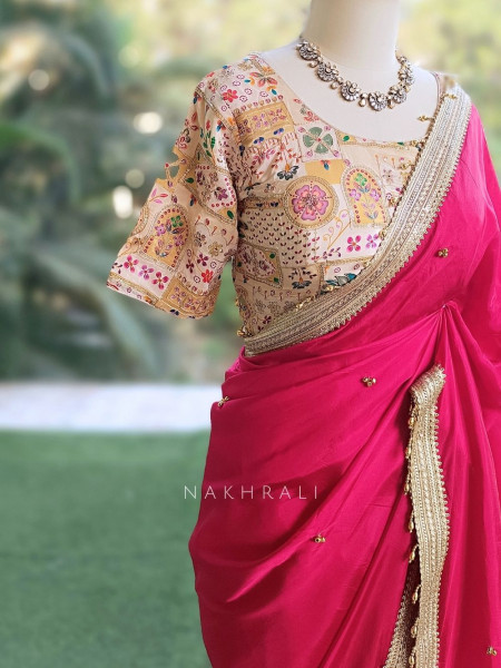 Rati Magenta Saree with Gota Patti Border & Multicolor Embroidered Readymade Blouse