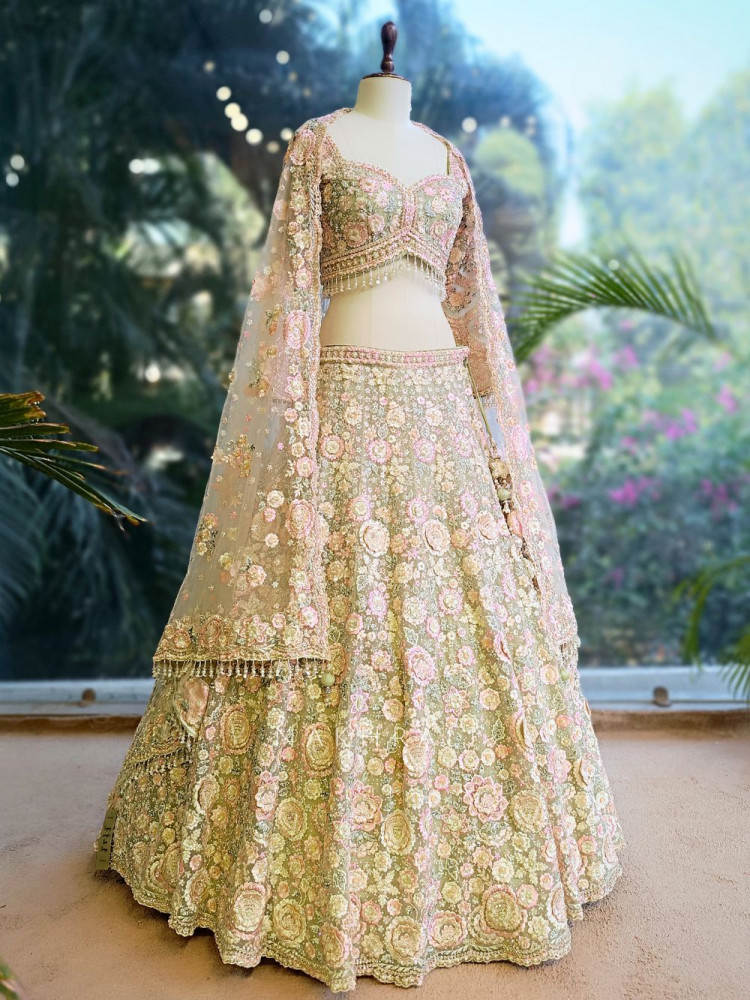 Image of Princess Garden Olive Net Floral Embroidered Lehenga