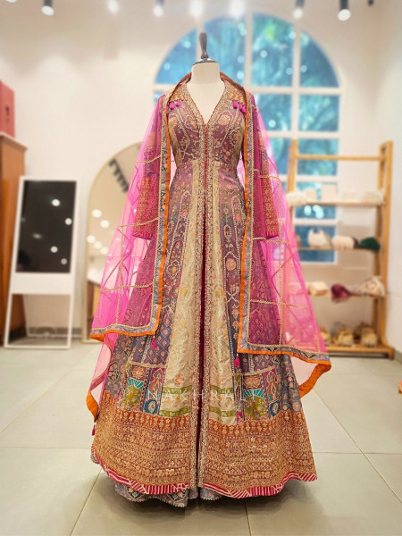 Anika Multicolor Achkan Lehenga Set with Zari Sequin Gota Work