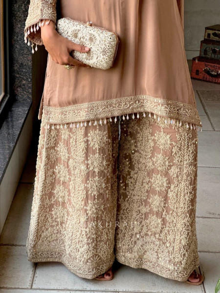 Aarunya Brown Georgette Palazzo Kurta Set with Zari Sequin Work