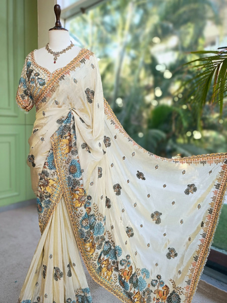 Shikargarh Cream Satin Crepe Designer Saree with Readymade Blouse
