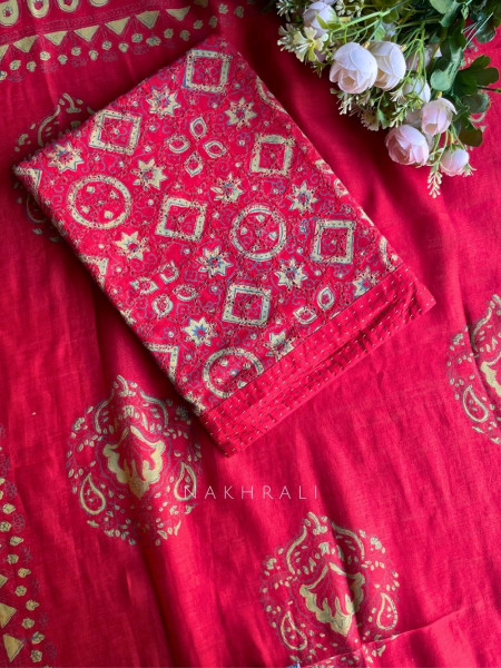 Rivana Red Printed Dress Material with Handcrafted Motif Work