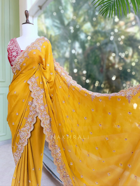 Zynira Mustard Saree with Zari Sequin Work