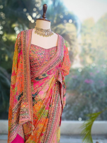 Tamaswini Orange Crepe Saree with Stone, Zari & Sequin Work
