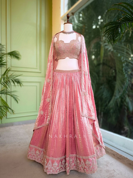 Elysia Peach Tissue Silk Lehenga Set with Embroidered Detailing