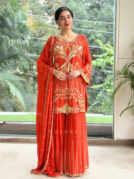 Begum’s Grace Orange Georgette Sharara Suit Set